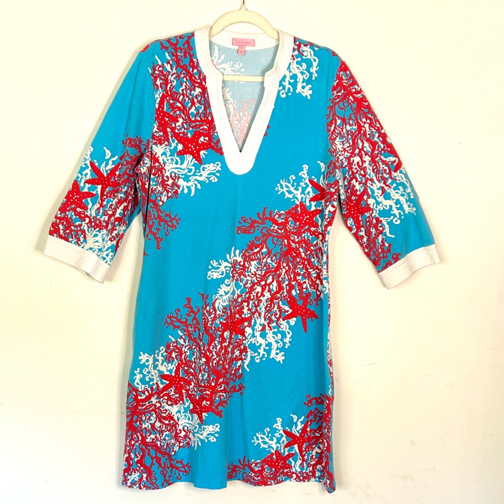 Lilly Pulizer Joy Coral Cascade Turquoise Tunic Mini Dress Sz Xl